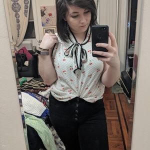 Modcloth White Polka Dot with Cherries Print Top